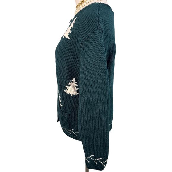 Vintage Talbots 100% wool pine tree cardigan sweater green white size medium M - Picture 3 of 7